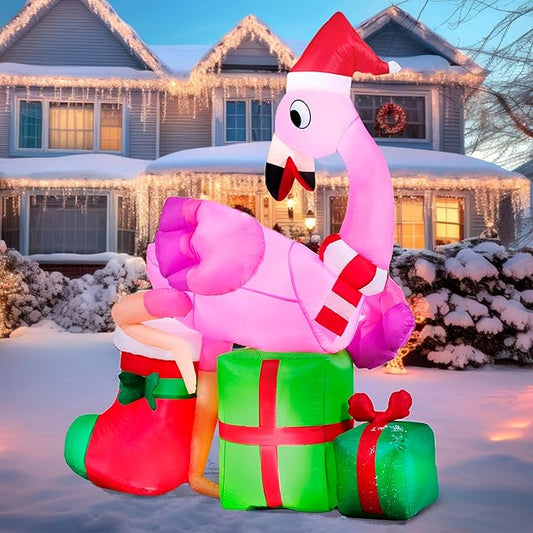 Joiedomi 6 FT Christmas Flamingo with Gift Box Inflatable Decorations with Build-in LEDs Blow Up Elegant Flamingo Inflatables for Xmas Party Indoor, Outdoor, Yard, Garden, Lawn Décor, Holiday Season