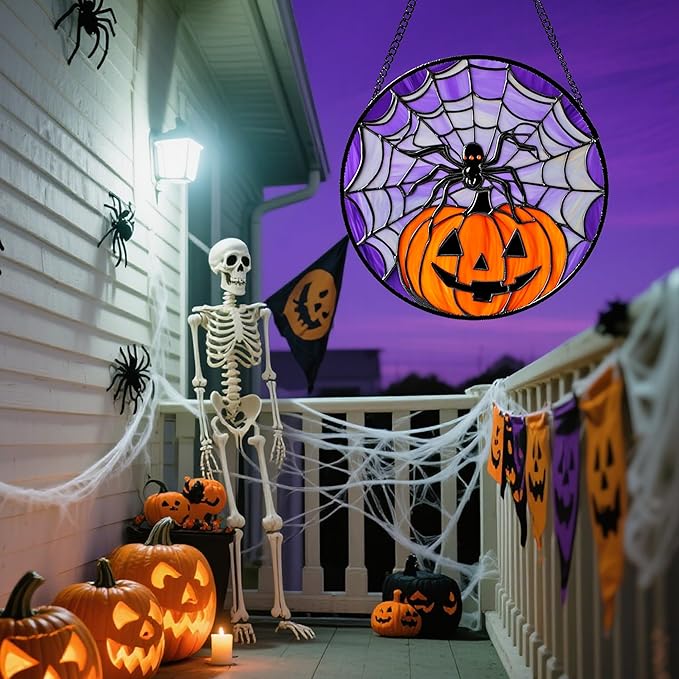 Stained Glass Window Hanging Halloween Scary Purple Night Sky Bat Ghost 6.3" - Suncatcher Door Garden Sun Catcher Gothic Home Decor Birthday Horror Gifts for Mom Men Woman Friend