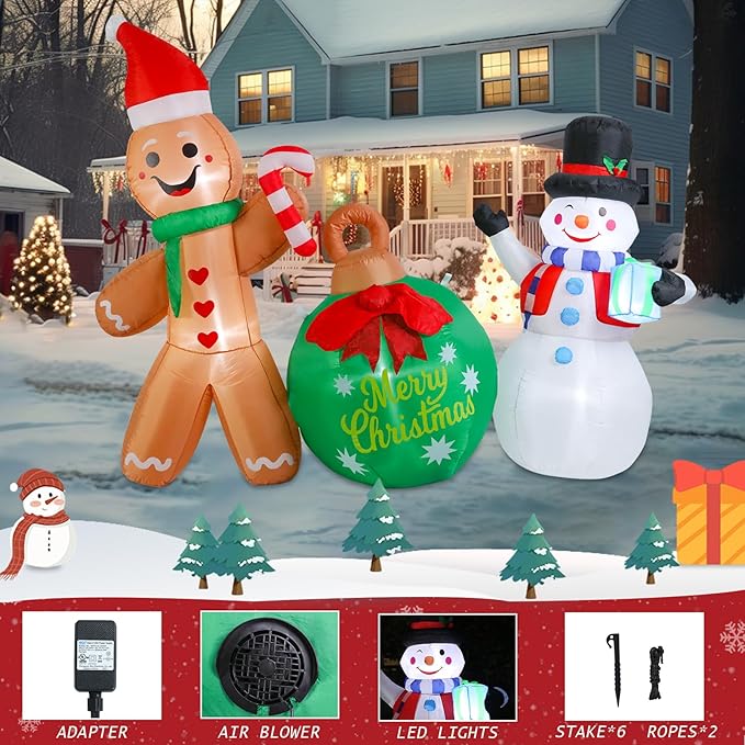 5 FT Christmas Inflatable Outdoor Decorations, Inflatable Snowman and Gingerbread Man with Christmas Ball Built-in LED Lights Blow Up Yard Decorations for Holiday Indoor Outdoor Party Garden Lawn