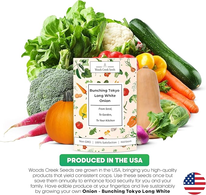 Woods Creek Seeds: Bunching Tokyo Long White Onion Seeds for Planting - Heirloom Green Onion Seeds for Planting - Non-GMO Heirloom Seed Pack of Crisp Onions for Outdoors and Home Gardening