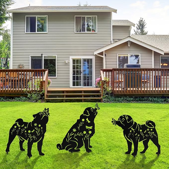 3 Pcs Metal Dog Garden Decor for Outside 12" Puppy Garden Stake Black Silhouette Statues Outdoor Decoration for Animal Lovers Gifts Women Men Patio Lawn Lawn Yard Art(Pug Dog)
