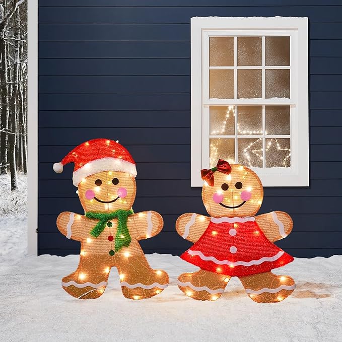 Dazzle Bright Christmas Outdoor Decorations Yard, 2-Piece Lighted 2D Gingerbread Man with 50 L, 23 Inch Pre-Lit Light Up Gingerbread Man, Xmas Festive Holiday Front Garden Patio Yard Lawn Display