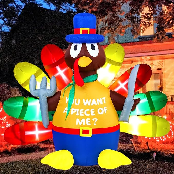 Thanksgiving Inflatable Turkey Decorations -5FT LED Light Up Pilgrim Hat & Colorful Tail -Holding Knife and Fork Turkey Blow up Yard Decor Outdoor Indoor Lawn Garden Home Autumn Holiday Harvest