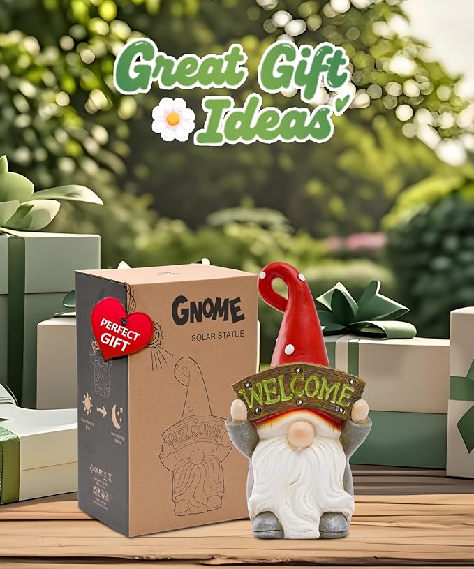 Nacome Solar Gnome Statue for Garden Decor: Outside Sculpture with Welcome Sign Clearance for Yard Art Lawn Ornaments Porch Patio Balcony - Birthday Gifts for Grandma Mom Women(Red)