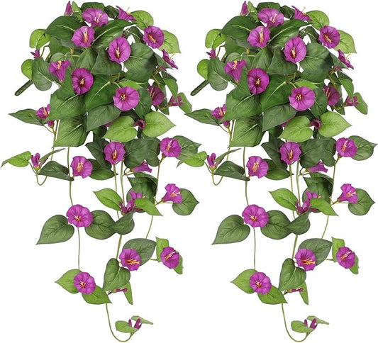 Briful Fake Hanging Flowers 2 Pack 25.6" Artificial Petunias Silk Floral Bush Faux Hanging Plants Outdoor Fake Flowers for Home Office Patio Garden Balcony Decoration(Pink)