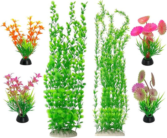 6 pcs Tall Aquarium Plastic Plants, Featuring Two 23.6-inch Green and Four 3.9-inch Multi-Color - Artificial Plastic Plants for Fish Habitat Decor, Safe Bendable Underwater