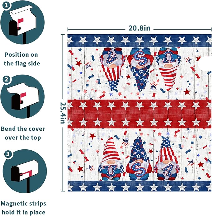 Patriotic Gnomes Mailbox Cover Magnetic 4th of July Elf USA Stars Independence Day Mailbox Wrap Post Cover Large Size 25.5"x21" for Garden Yard Outdoor Outside Holiday Decor