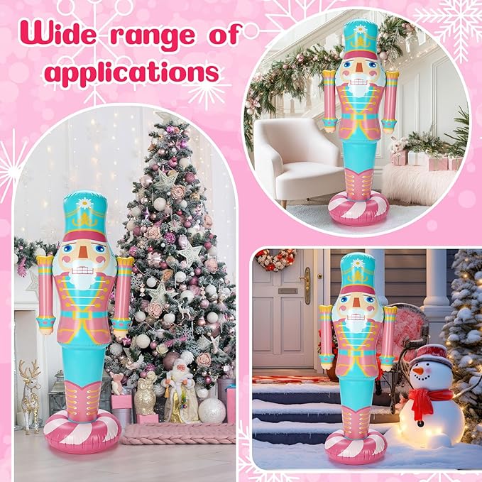 Jenaai 1 Pcs 5 ft Pink Inflatable Christmas Nutcracker Outdoor Decoration, PVC Christmas Blow up Yard Decor, Weatherproof Giant Nutcracker Decor for Xmas Door Lawn Garden Holiday Party (Bright)
