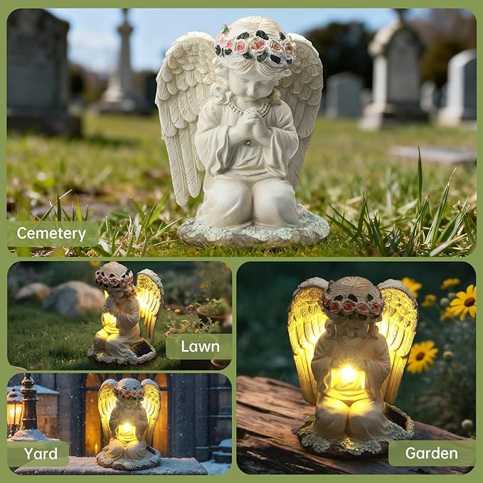 Solar Angel Prayer Statue, Memory Guardian Garden Decor with Warm Light - Religious Outdoor Decor, Auto On/Off LED Light, Memorial Gift for Cemetery, Patio & Gravesite