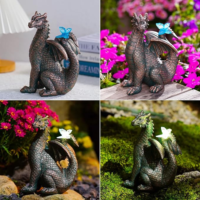 Nacome Solar Dragon Outdoor Statues for Garden: Outside Decor with Butterfly Clearance for Yard Art Lawn Ornaments Porch Patio Balcony Home House for Grandma Mom Women