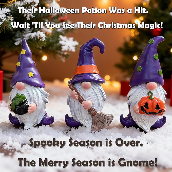 Purple Wizard Witch Gnomes Set of 3 - Mini Resin Figurines for Tiered Tray, Mantel and Gothic Home Decor Storybook Charm Gothic Gnomes Collection