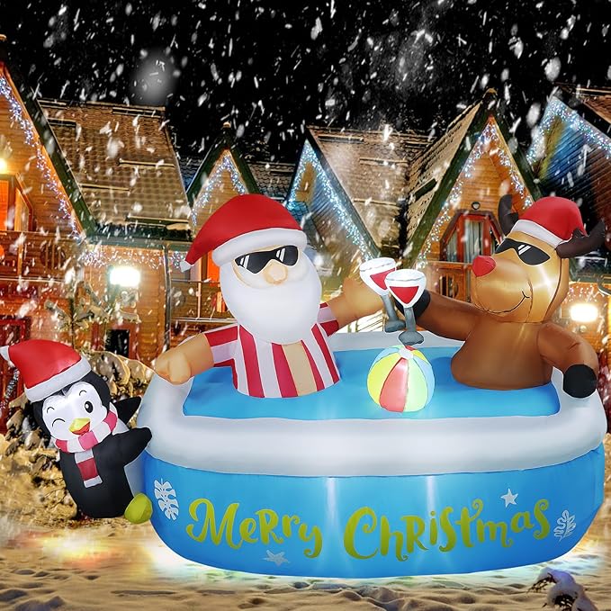 7FT Christmas Inflatable Outdoor Decoration, Christmas Inflatables Santa Claus Cheers Pool Party with Built-in 8 LED Lights & Air Blower for Xmas Blow Up Yard Decorations Outdoor Indoor