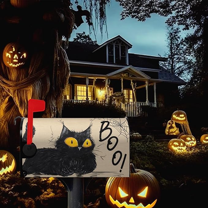 Halloween Cat Mailbox Covers - Magnetic Boo Mailbox Wraps - Standard Size Spider Net - Garden Decorations - 21" X 18"