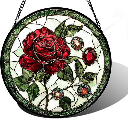 Stained Glass Window Hanging, Red Rose Gemstone Green Sun Catchers Diamond Glass Panel Hangings Suncatcher Decor for Birthday for Women, Men, Wife, Aunt, and Mom 7.8 in