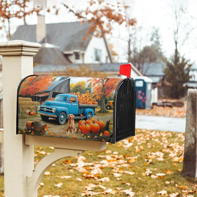 Fall Truck Mailbox Cover Magnetic 25.5"x21" Autumn Maple Tree Leaf Pumpkins Sunflower Farm Puppy Mailbox Wrap Post Cover Large Size Waterproof for Garden Yard Outdoor Outside Decor