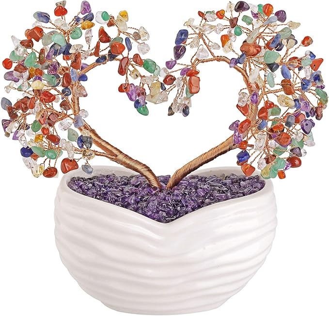Jovivi 7 Chakra Healing Crystal Heart Money Tree Healing Gemstone Bonsai for Wedding Ceremony Reiki Balancing Energy Meditation Feng Shui Wealth & Good Luck Home Indoor Office Decor 7.87"-8.26"