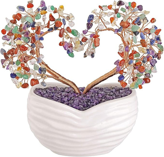 Jovivi 7 Chakra Healing Crystal Heart Money Tree Healing Gemstone Bonsai for Wedding Ceremony Reiki Balancing Energy Meditation Feng Shui Wealth & Good Luck Home Indoor Office Decor 7.87"-8.26"