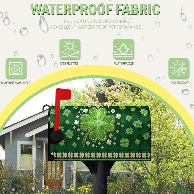 St Patrick's Day Mailbox Cover Magnetic Standard Size 18 X 21 Inch Green Shamrock Clovers Magnetic Mailbox Covers Spring Post Letter Box Cover Wraps for Outside Garden Decor