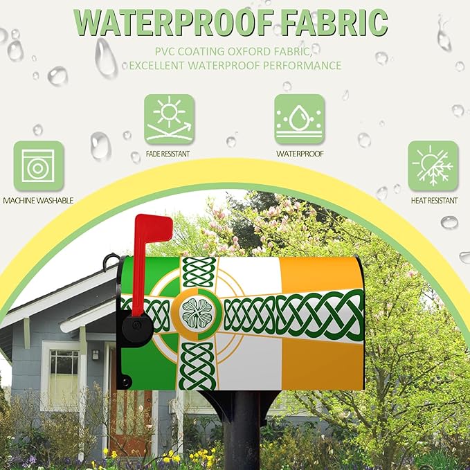 Celtic Irish Flag Mailbox Cover - St. Patrick's Day Clover Shamrocks Wrap - Farmhouse Home Magnetic Mailbox Covers - Standard Size 18"x21"