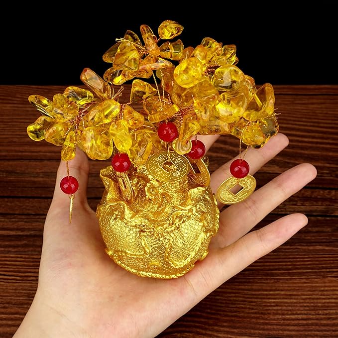 Amethyst Crystal Money Tree – Feng Shui Wisdom Purification Golden Bag Bonsai Lucky Gemstone Home Office Decor (14cm Height)