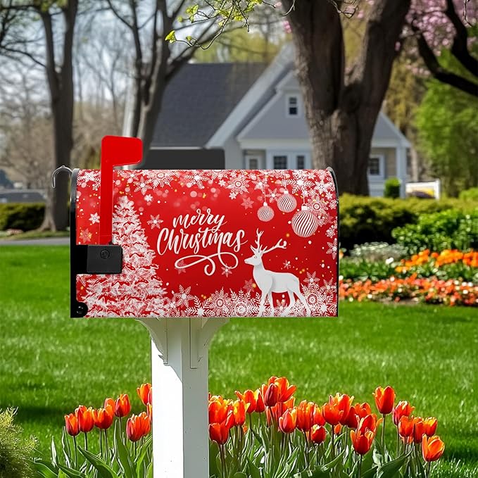 Merry Christmas Mail Box Covers Magnetic Standard Size 21x18 inch Winter Deer Snowflake Mailbox Cover Xmas Tree Mail Box Wrap for Outside Garden Yard Red