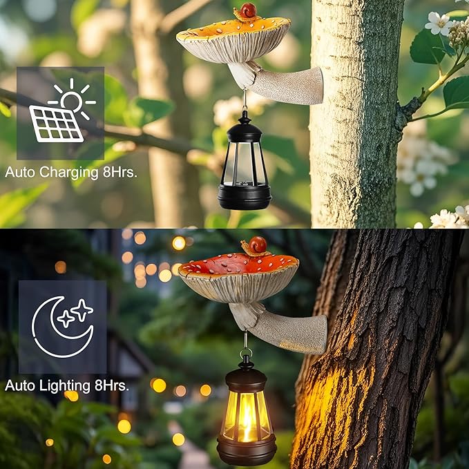 Mushroom with Snail and Lantern Cute Solar Statue Light Garden Decoration Resin Decoration Painted Design Craft Ornament for Indoor Outdoor Gift(Yellow)
