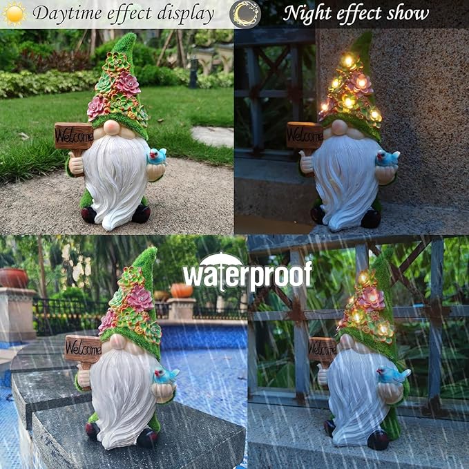 Gnome Garden Decor Statue Solar Gnomes Decorations for Yard with Succulent and 6 LED Lights Outdoor Figurines Light,Lawn Decor for Patio, Balcony, Yard Ornament - Unique Housewarming Gifts