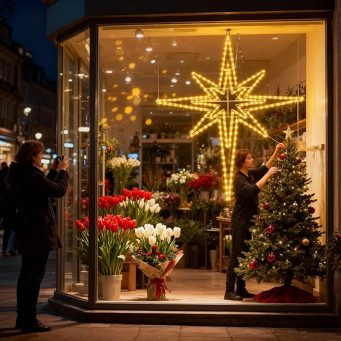 Outdoor Christmas Star of Bethlehem Large LED Star Window Plug Operated Lighted for Xmas Wall Window Indoor Outside Home Street Store Holiday Decorations(50'',Warm Light)