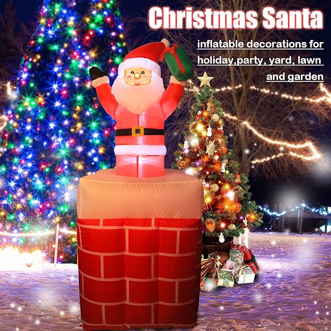 VCUTEKA Christmas Inflatables Outdoor Decorations, Inflatable Christmas Santa Claus in Chimney Blow Up Yard Decorations with LED Lights for Holiday and Garden Lawn Winter Decor
