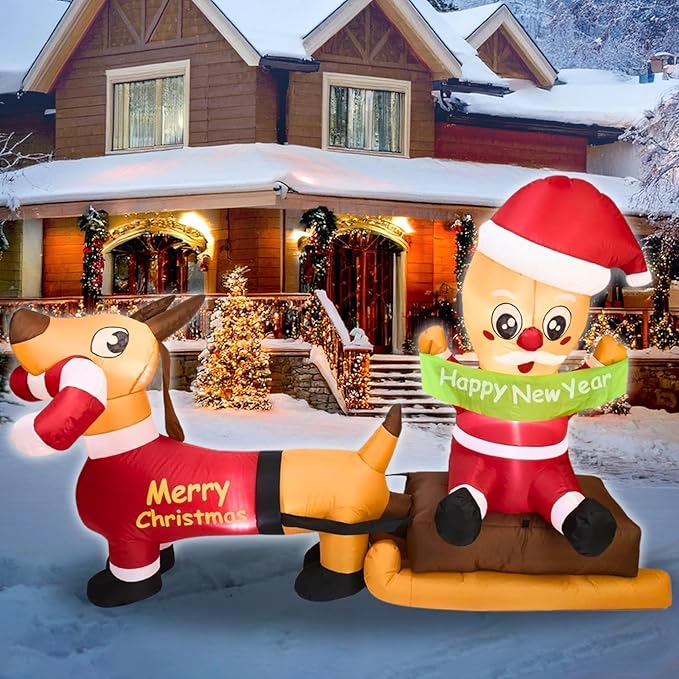 7FT L Animated Christmas Inflatable Santa on Sleigh with Dachshund, Lovely Christmas Blow up Dog Sledding with Build-in LED Lights Indoor Outdoor Party Decoration