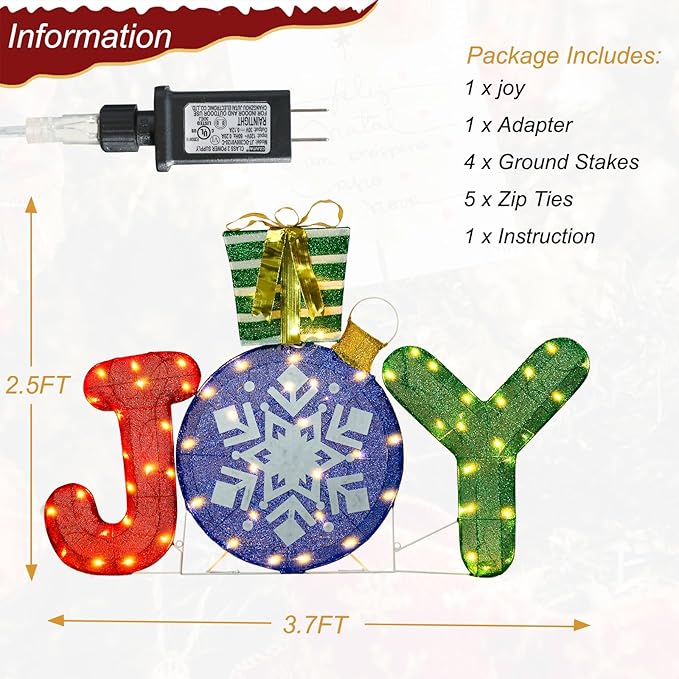 Lighted Christmas Joy Outdoor Decoration 3D Joy with Gift Box Glittered Lighted Up Standing Ornament Outdoor Indoor Christmas Decoration for Home Lawn Yard Garden Display