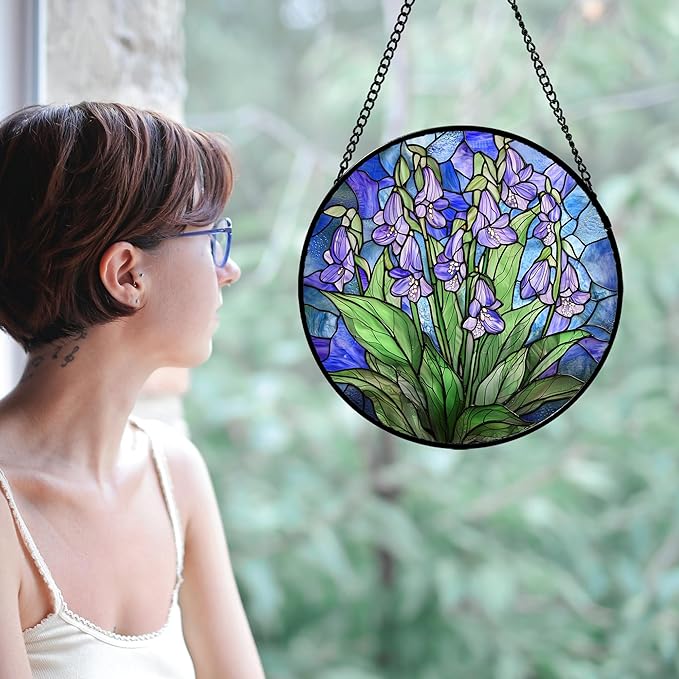 Stained Glass Suncatcher, Blue Purple Flowers Green Leaves Sun Catcher Plants Stain Glass Window Hanging Decoration Mother's Day Birthday Gifts for Women Men Mom and Nana 6.3 in