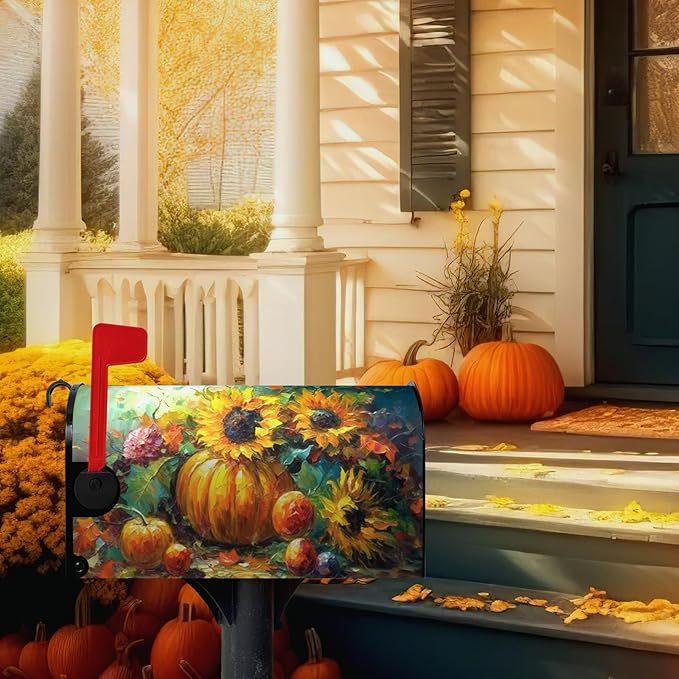 Fall Thanksgiving Magnetic Mailbox Cover Harvest Pumpkin Mailbox Wraps Waterproof Daisy Floral Mailbox Post Letter Box Covers Oversize Large Size 25.5 X 21 Inches for Home Garden Yard Outside