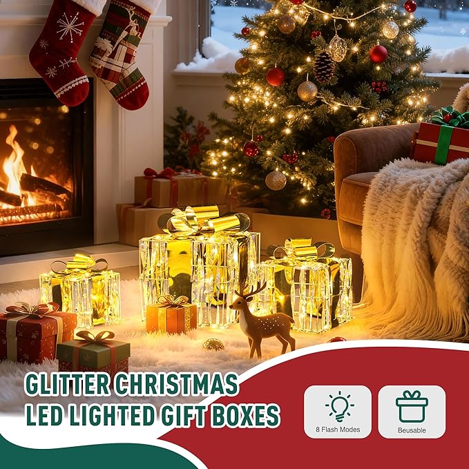 Set of 3 Christmas Lighted Gift Boxes,Outdoor Indoor Christmas Decorations,Plug-in 65 LED Light Up Present Boxes for Christmas Trees Indoor Outdoor Home Yard Lawn Holiday Birthday Party Decor