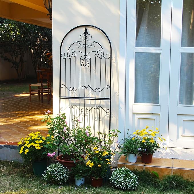 Garden Trellis for Climbing Plants 70.8" H x 25.6" W Metal Wrought Iron Outdoor Wall Panel for Vines Flowers Elegant Accent Decorative Garden Structure