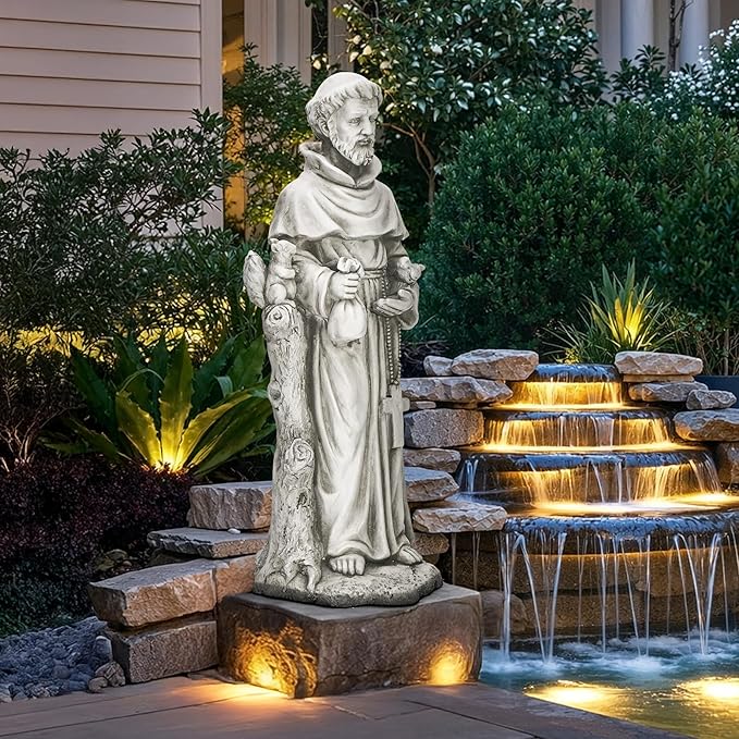 St Francis Garden Statue, 31" Saint Francis Catholic Outdoor Statues, Large Religious Christian Sculpture Deor for Prayer and Meditation, Patron Saint of Animals Patio in Magnesium Oxide Stone