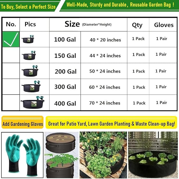 100 Gallon Large Raised Garden Bed Bag (40x20 inch) Big Garden Bag Sturdy Plant Grow Bag for Tomato,Potato Planter,Herb Veggies Planter Bag,Flower Bed,Yard Waste Bag,Lawn Debris Bag,Leaf Bag W/ Gloves