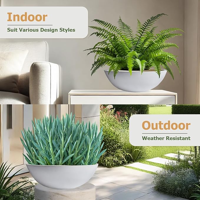 6.9"H x 19.7"D Round Bowl Fiberstone Planter for Succulent and Lotus, Christmas Tree Planter, Weather Resistant for Indoor & Outdoor Use, Included 2 Extra Coco Mats (White,17.9" Pot Opening)