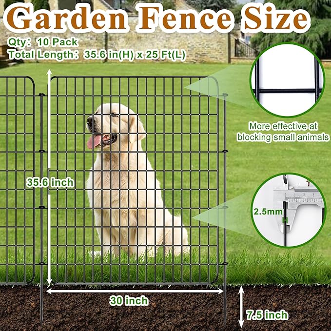 10 Panels Dog Fence Outdoor for Yard, 36 in(H) X 25 ft(L) Decorative Garden Fence Rustproof No Dig Animal Barrier Fencing Metal Wire Panel Border Patio Rabbits Ground Stakes