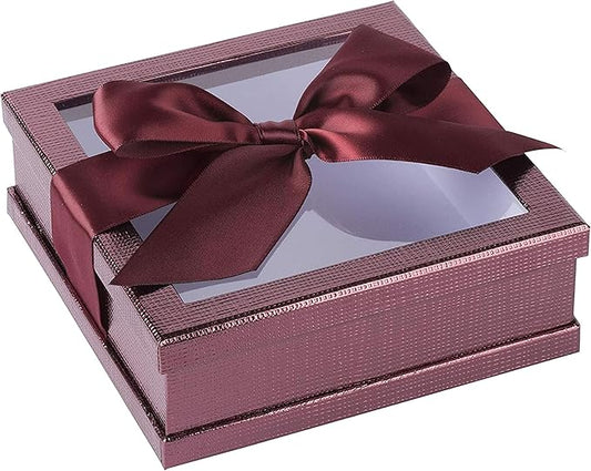 Hammont Clear Window Gift Boxes - 3 Pack - Multipurpose Bakery Boxes with Ribbon | Treat Boxes Perfect for Party Favors, Cookies and Cupcakes (Maroon, 6” x 6” x 2”)