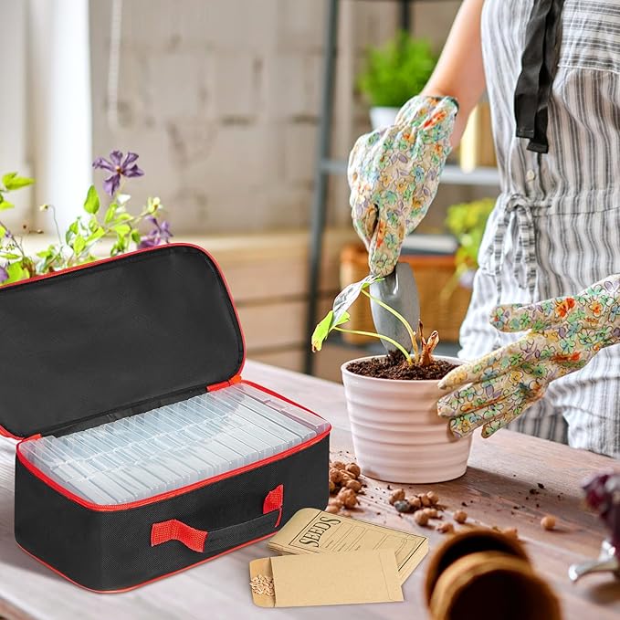 FACULX 15 Slots Seed Storage Organizer Box with 20 Seed Envelopes, Large Capacity Seeds Storage Container with Zipper Bag Label Stickers, Seeds Saving Container for Garden Vegetable and Flower (Red)