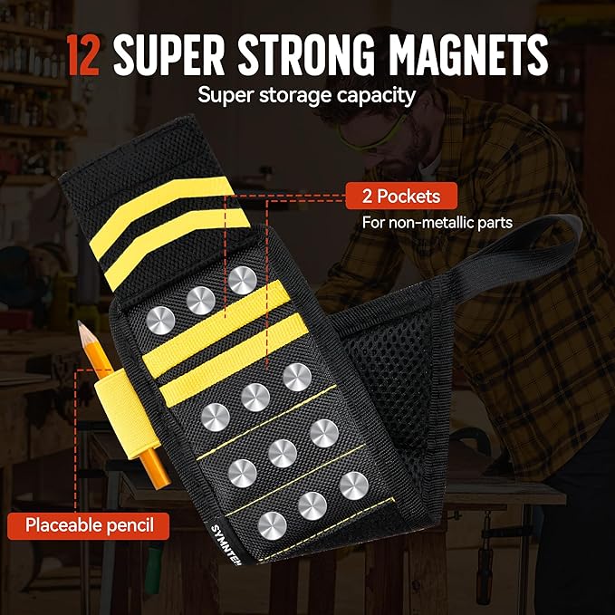 Gifts for Dad, Lanyard Magnetic Wristband for Tools, Birthday Gifts for Men, Lightweight 1680D Double Oxford Fabric, 12 Super Strong Magnets, Gifts for Men, Women, Yellow