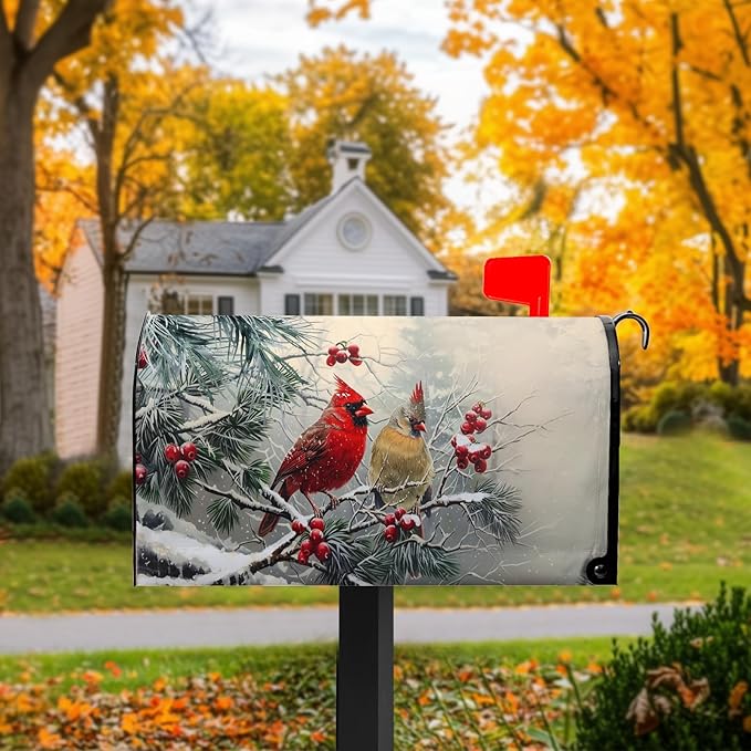 Cardinal Bird Mailbox Cover Winter Red Birds Mail Box Covers Magnetic Standard Size 21x18 inch Christma Mailbox Wrap Decorative Mailboxes for Outside Garden Yard