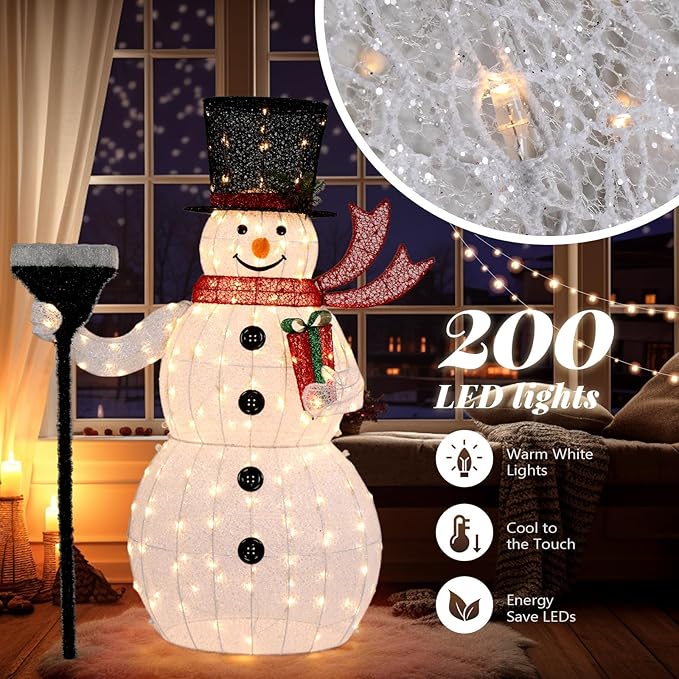 VINGLI 5FT Outdoor Snowman Christmas Decorations, Lighted Outdoor Snowman w/200 LED Lights, Tall Hat, Red Scarf, Ground Stakes, Zip Ties for Indoor, Yard, Outside Xmas Decor