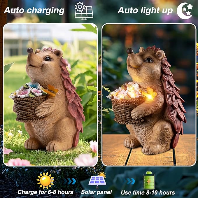 Solar Hedgehog Garden Statues Outdoor with Solar Lantern – Hedgehog Yard Decor, Waterproof Resin Figurine Pathway Light for Lawn & Patio