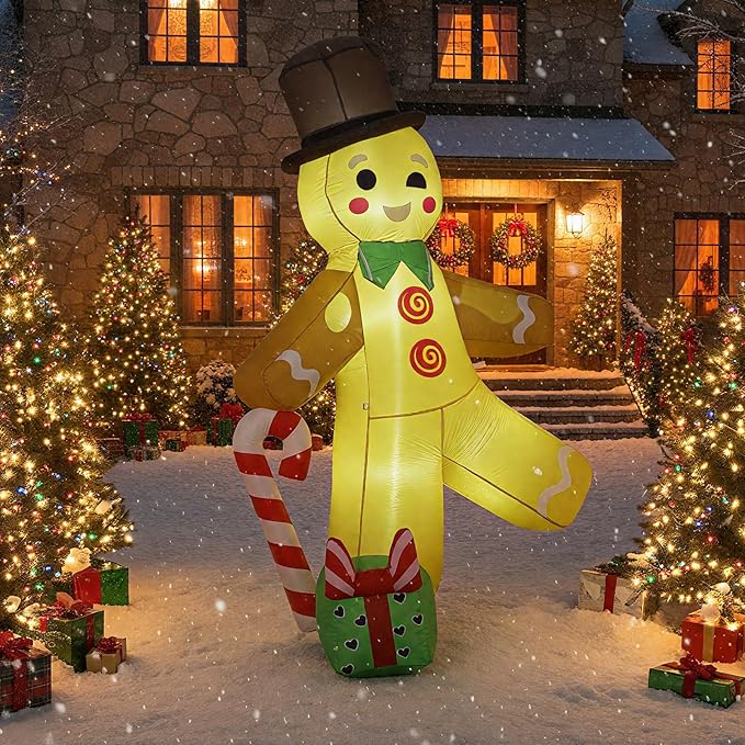 Christmas Inflatable Gingerbread Man with Top Hat, Lighted Gingerbread Man Decoration with Candy Cane & Gift Box, Outdoor Indoor Holiday Blow Up Decor for Yard Lawn Garden