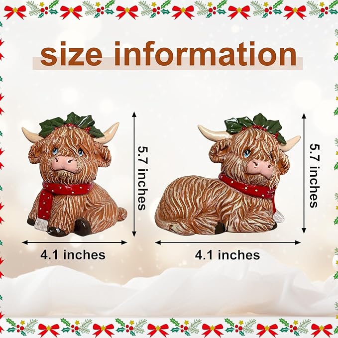 2 Pack Christmas Highland Cow Figurines Highland Cow Christmas Resin Statue with Holiday Wreath and Scarf for Garden Table Shelf Home, Tiered Tray, Mantel, Scottish Resin Statue Calf Lovers Gifts