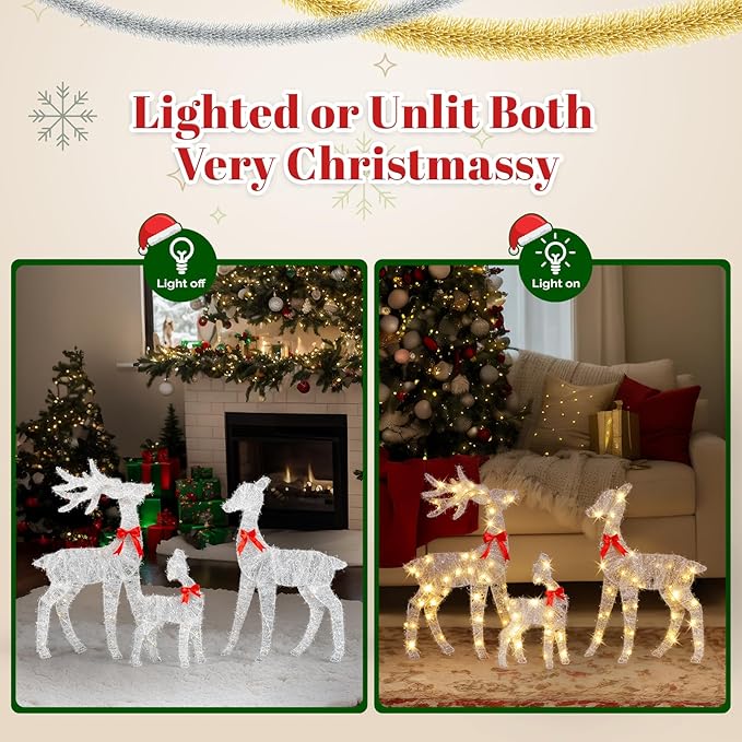 VINGLI 3-Piece Lighted Tinsel Christmas Reindeer Family Set, 3FT White Buck Doe Fawn Outdoor Yard Decorations, Pre-lit 110 Warm White LED Lights, Weatherproof Xmas Lawn Garden Home Decor