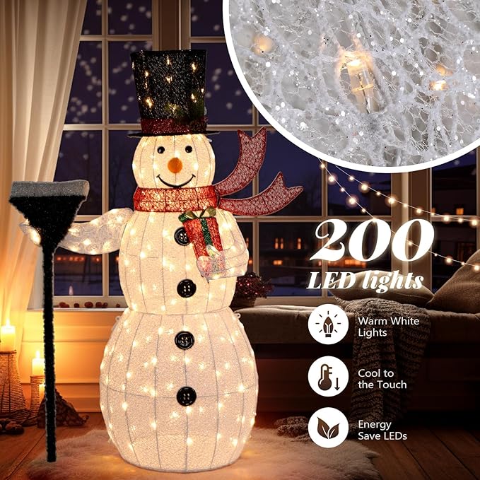 VINGLI 5FT Outdoor Snowman Christmas Decorations, Lighted Outdoor Snowman w/200 LED Lights, Tall Hat, Red Scarf, Zip Ties, Ground Stakes for Indoor, Yard, Outside Xmas Decor