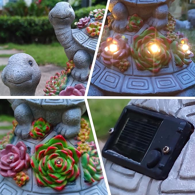 Solar Turtle Garden Outdoor Statues with Succulent and 7 LED Lights, Lawn Decor Tortoise Statue for Patio, Balcony Outdoor Figurines Solar Light， Unique Birthday Gifts for Mom,